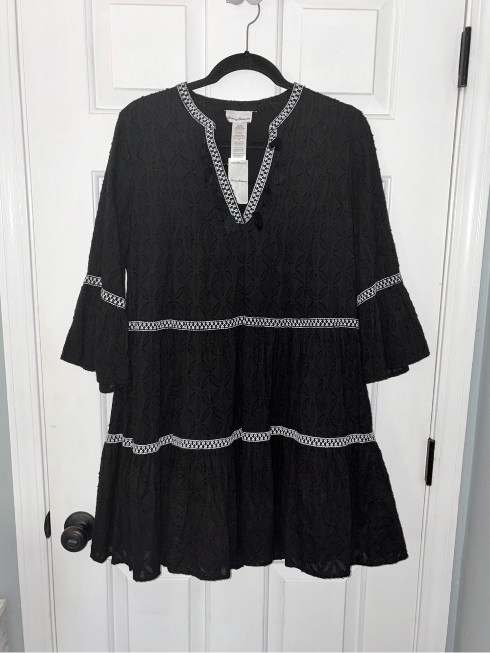 Tommy Bahama NWT Black Embroidered tassel v- neck cotton tunic dress - Picture 2 of 6